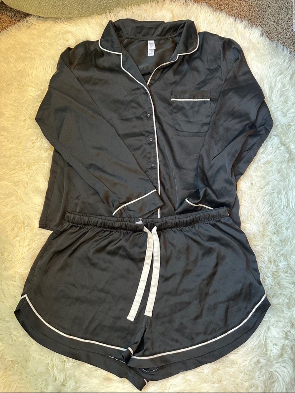 stars above Black Satin Short Pajama Set with Cream Trim